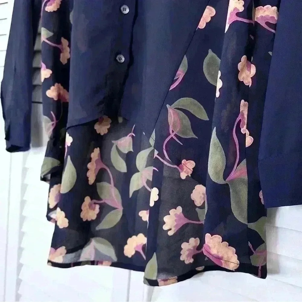 Anthropologie Maeve Ira Button Down Floral Tunic Top Pleated Bib Navy Blue - Picture 7 of 13
